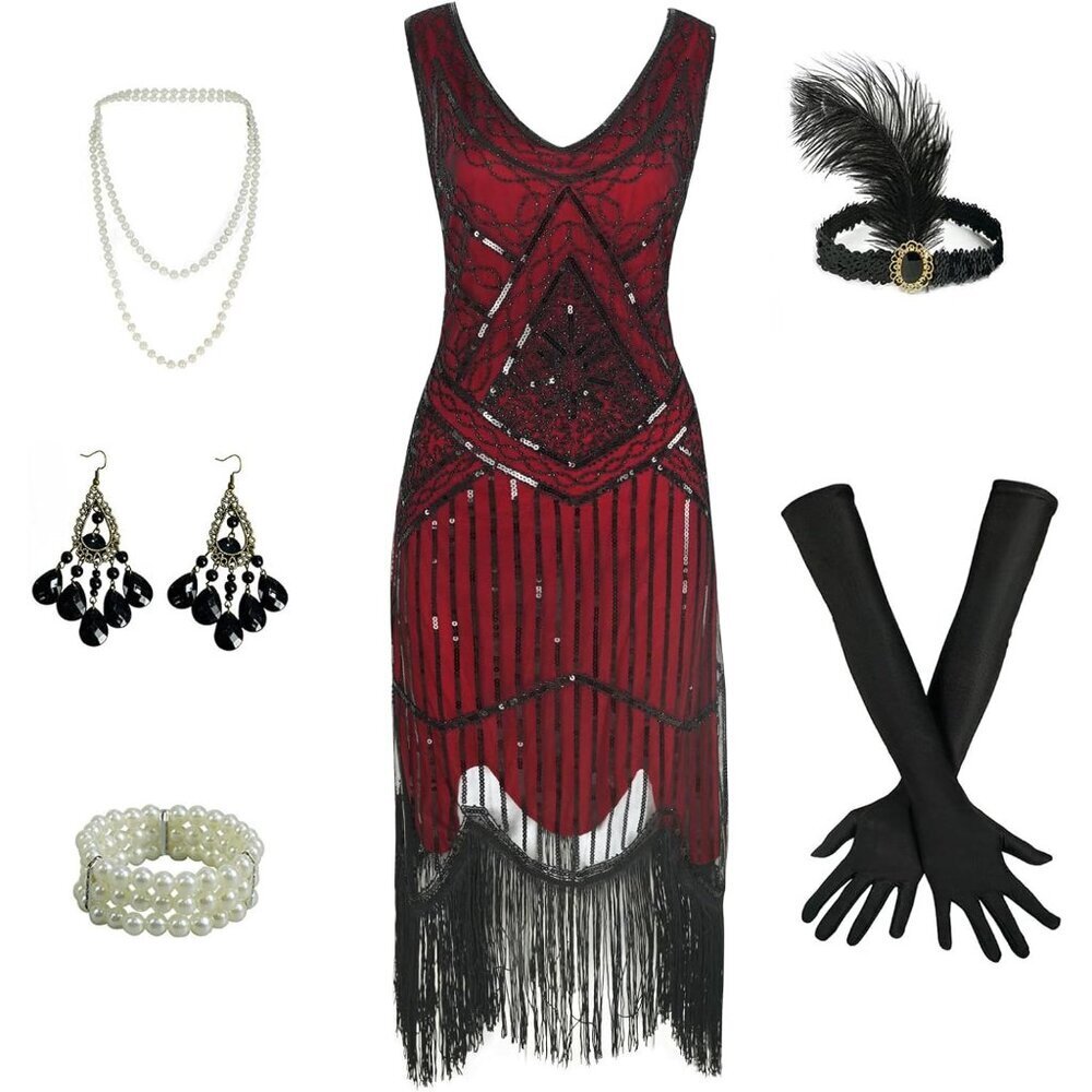 1920s Flapper Dress Sequin Beaded Fringe Vintage Party Costume Women